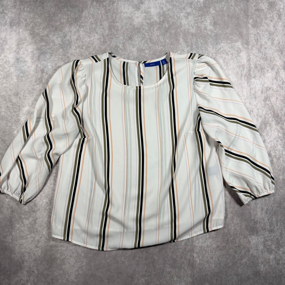 Apt 9 Striped Blouse Womens PL Petite Large White Puff Sleeve Top Career Casual,
